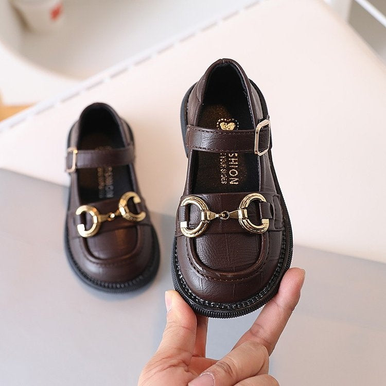 2026 Spring Trendy JK Style Girls Leather Shoes Metal Buckle Baby Flats Kids Casual Leather Shoes