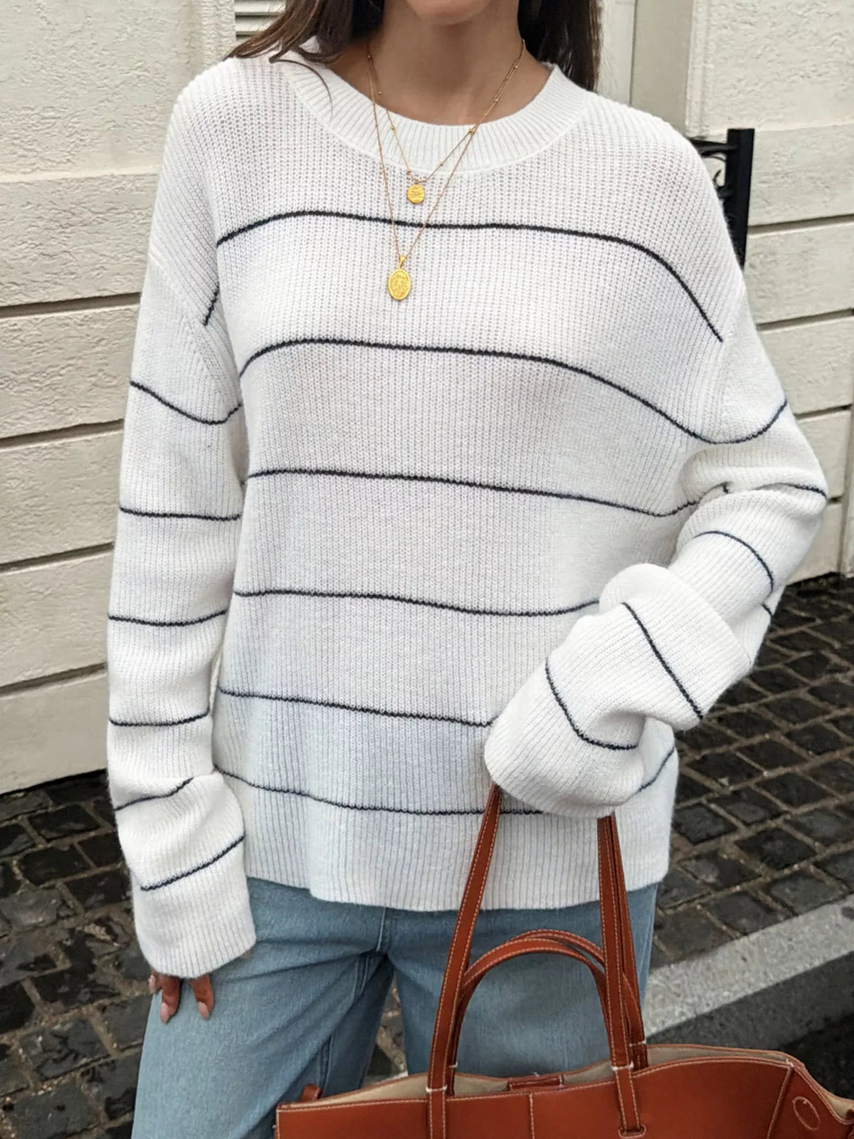 Striped Crew Neck Dropped Shoulder Sweater