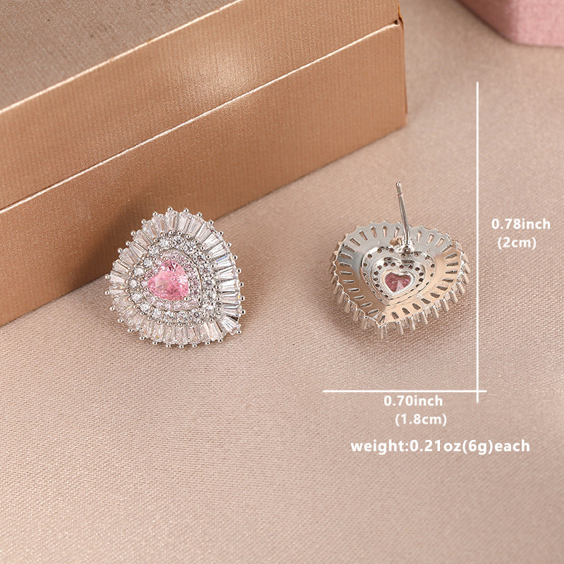 Blush Heart Crystal Stud Earrings Silver Tone Brass Women Elegant Wedding Party Fashion Jewelry Sparkling