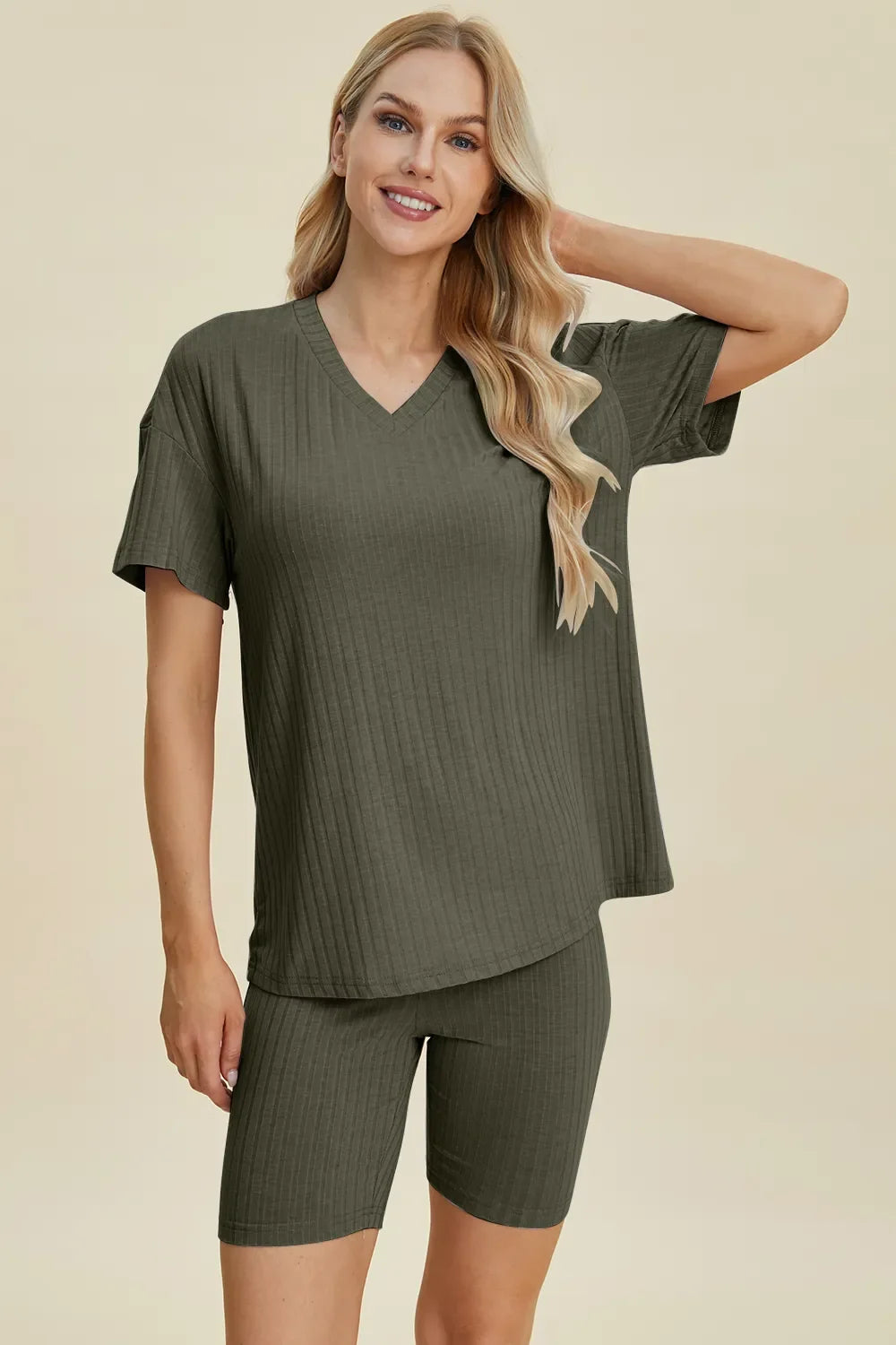 Plus Size Ribbed V-Neck Top & Shorts Set