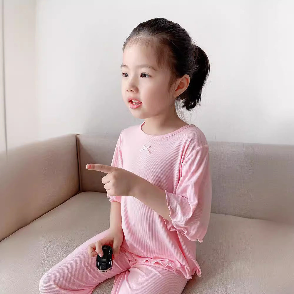 Girls' Ice Silk Pajama Top And Pants Set