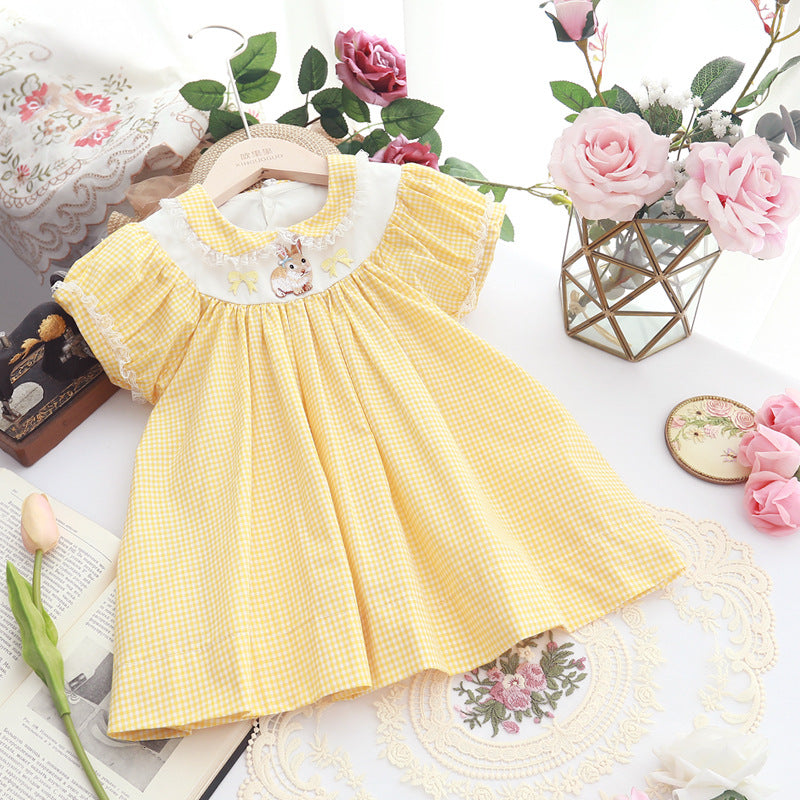 Fashion Kids Yellow Plaid Embroidery Retro