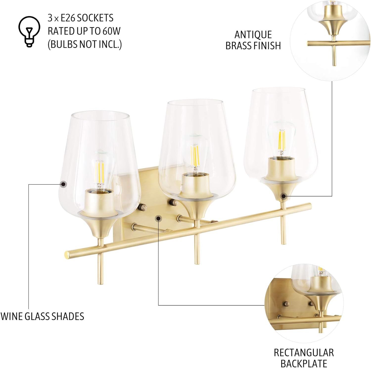 VONLUCE Bathroom Vanity Light, 3 Light Bathroom Light Fixture Over Mirror, Bathroom Wall Lamp with Clear Glass, Modern Gold Vanity Lighting fixtures