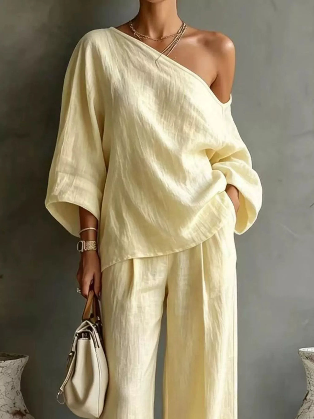 One Shoulder Top and Wide Leg Pants Set