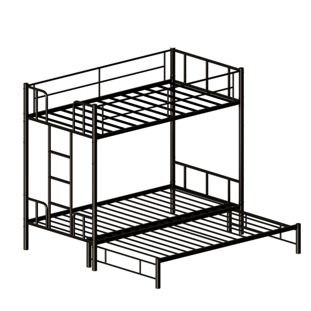 Twin Size Metal Pull-Out Bunk Bed with Guardrail and Built-In Ladder