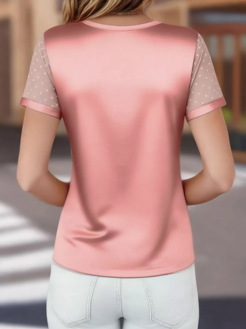 Satin V-Neck Sheer Short Sleeve Top
