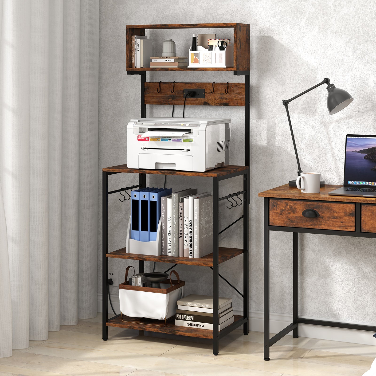 60 Inch Tall Microwave Stand with Open Shelves and 10 Hanging Hooks-Rustic Brown