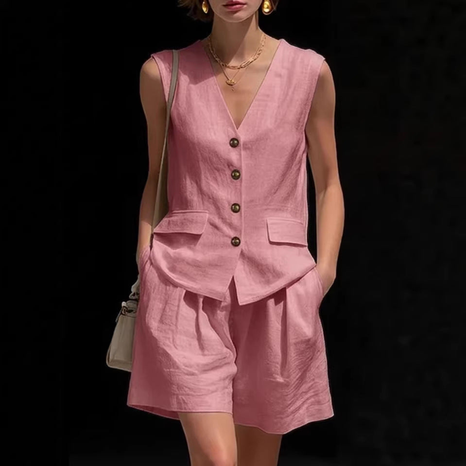 Womens Simple Elegant Cotton-Linen Vest Top And Shorts Two-Piece Set