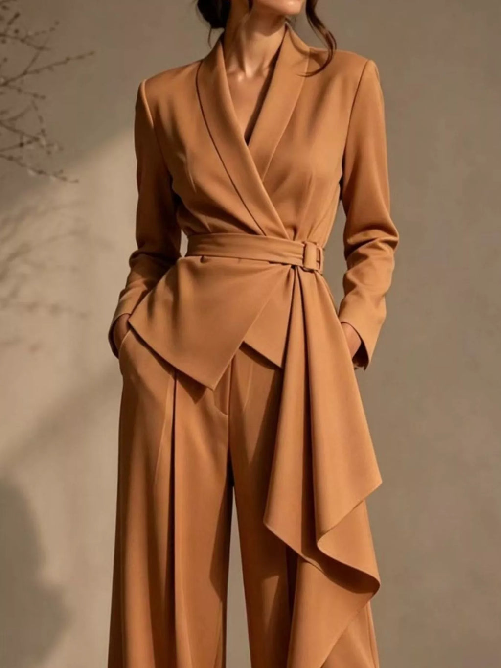 Full Size Belted Blazer and Wide-Leg Pants Set Plus Size
