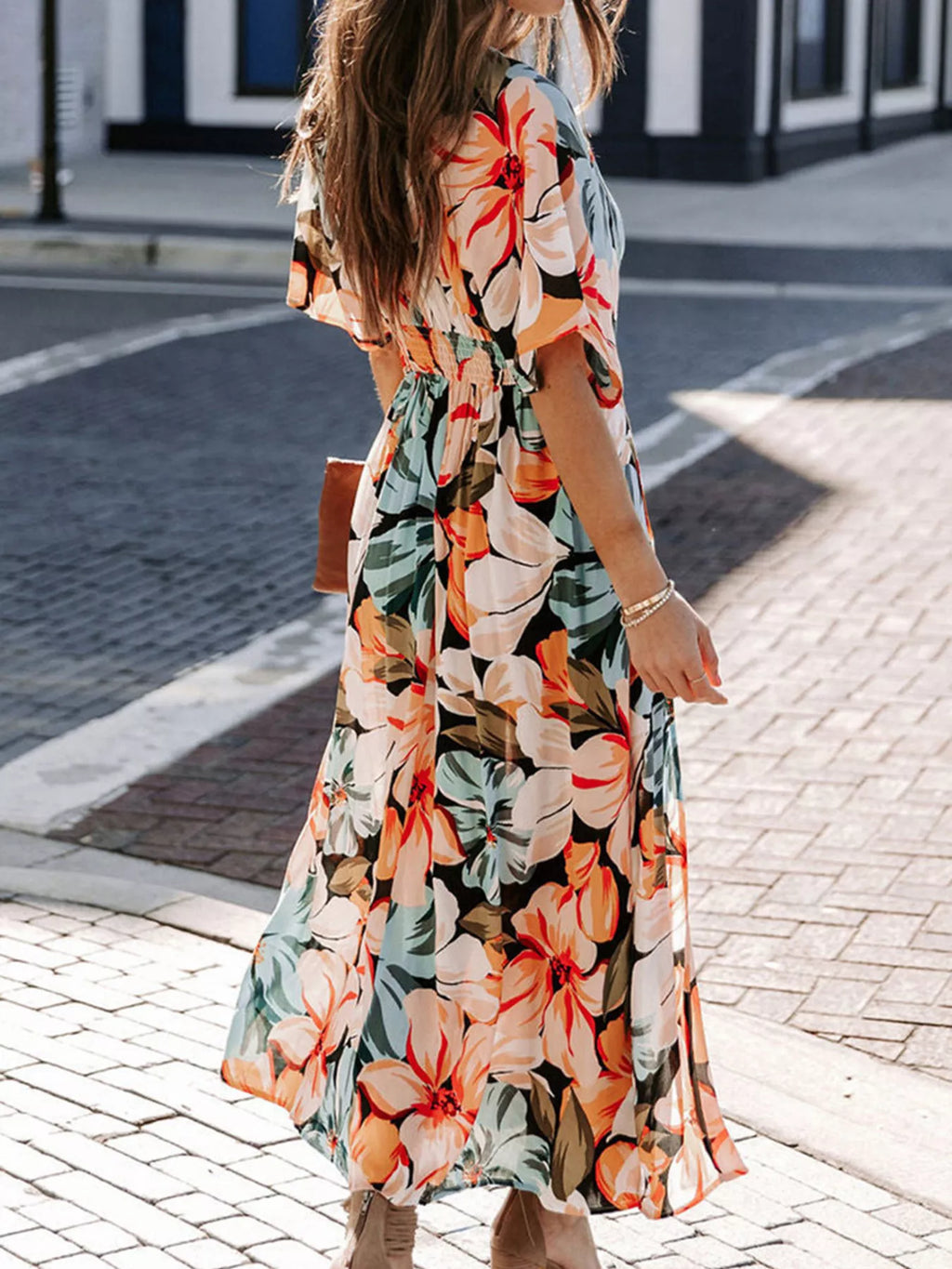 Floral Print V-Neck High Slit Maxi Dress