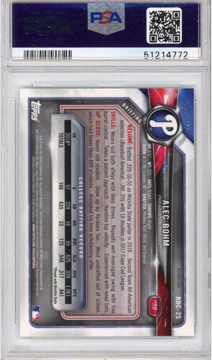 Graded 2018 Bowman Draft Chrome Alec Bohm Refractor #BDC25 Rookie RC Baseball Card PSA 10 Gem Mint