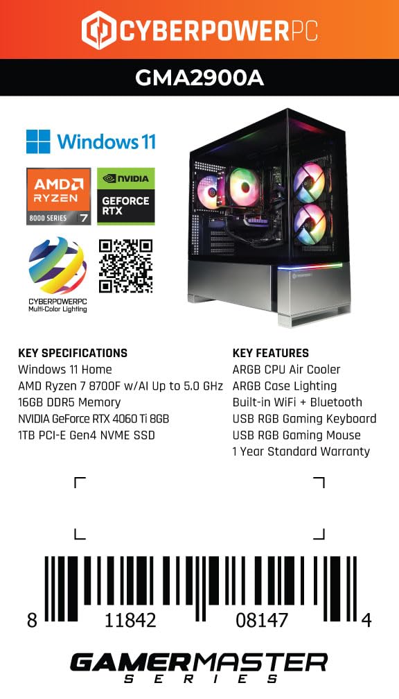 CyberPowerPC Gamer Master Gaming PC, AMD Ryzen 7 8700F 4.1GHz, GeForce RTX 5060 Ti 8GB, 16GB DDR5, 1TB PCIe 4.0 SSD, WiFi Ready & Windows 11 Home (GMA2900A2)