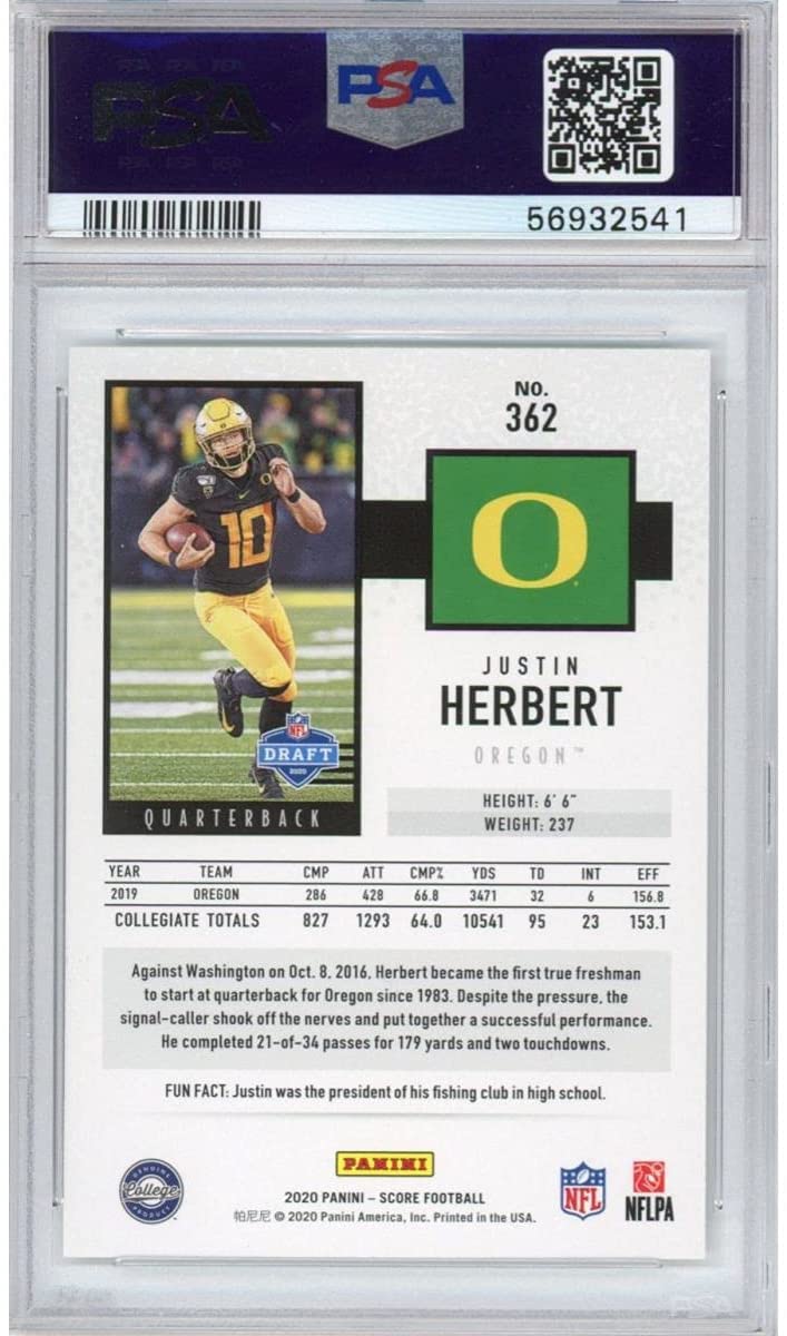 Graded 2020 Panini Score Justin Herbert #362 Rookie RC Football Card PSA 10 Gem Mint