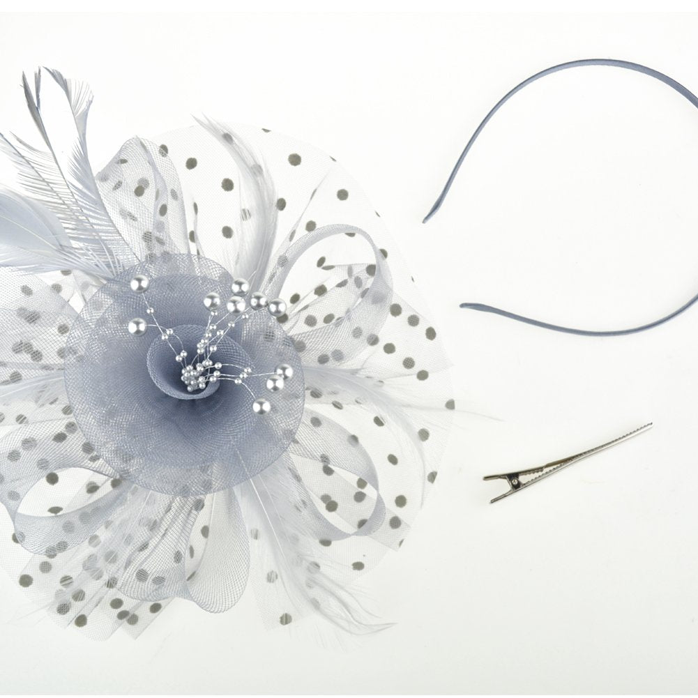 DRESHOW Fascinators Hat Flower Mesh Ribbons Feathers on a Headband and a Clip Tea Party Headwear for Girls and Women