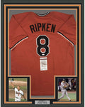Framed Autographed/Signed Cal Ripken Jr. 35x39 Baltimore Orange Baseball Jersey JSA COA