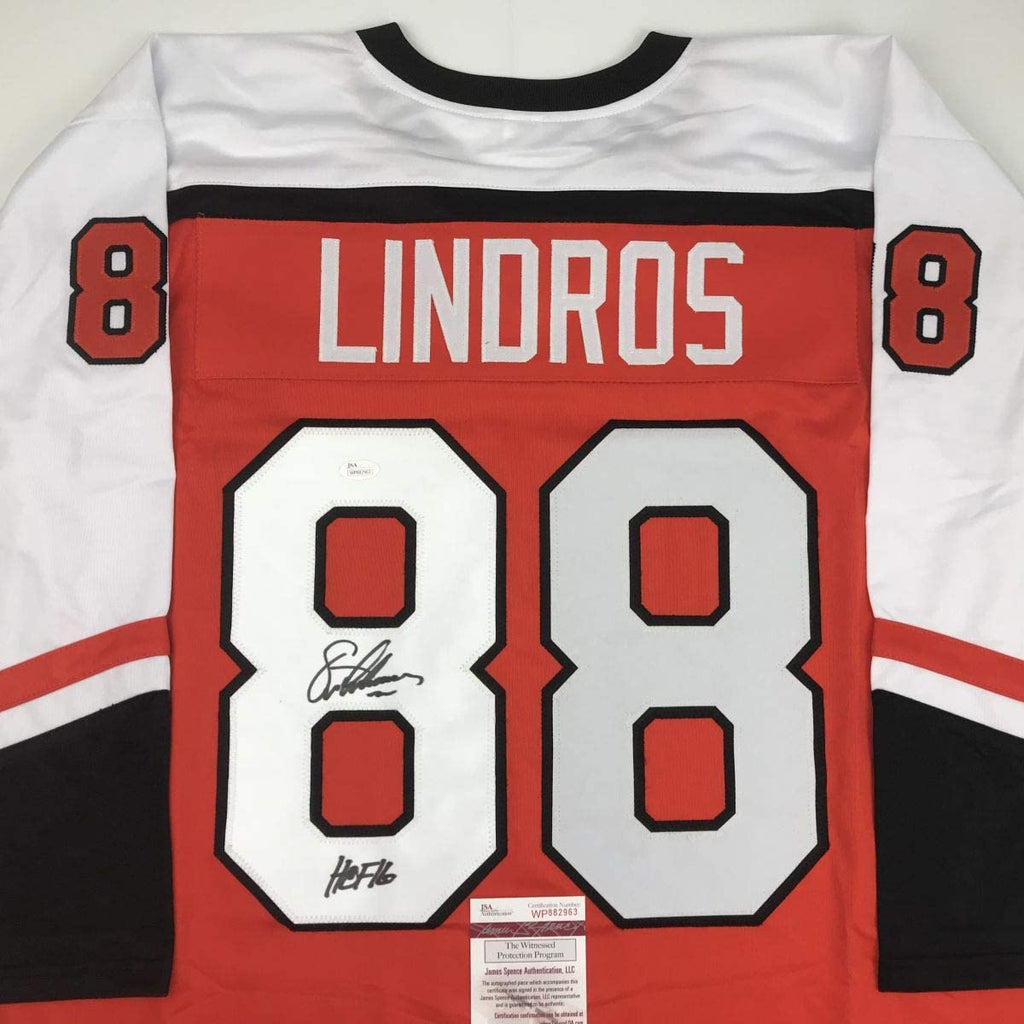 Autographed/Signed Eric Lindros HOF 16 Philadelphia Orange Hockey Jersey JSA COA