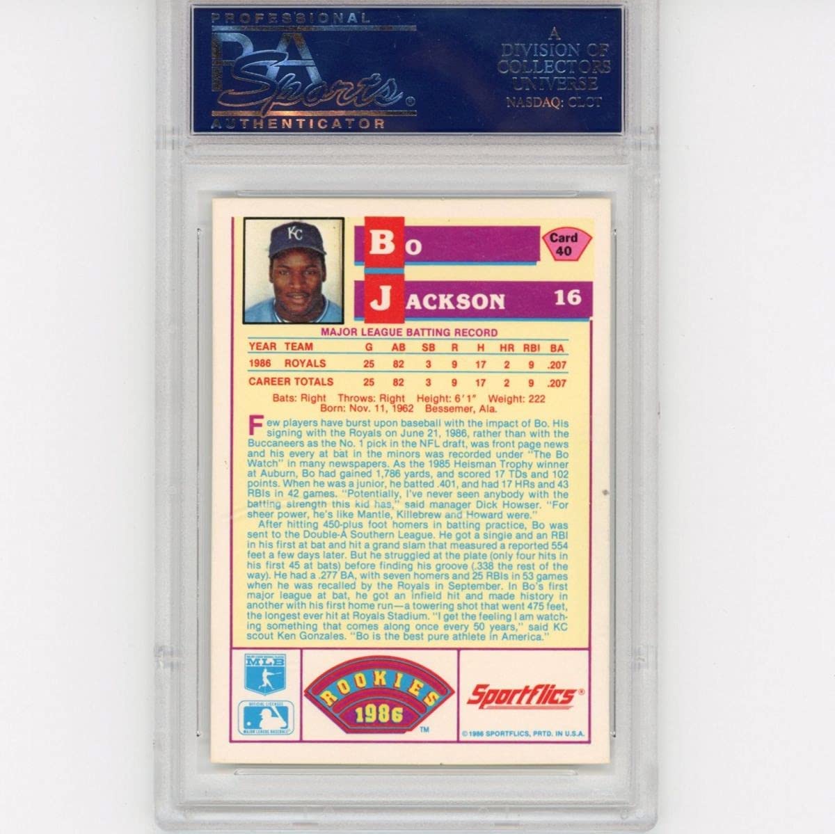 Graded 1986 Sportflics Bo Jackson #40 Rookie RC Baseball Card PSA 10 Gem Mint