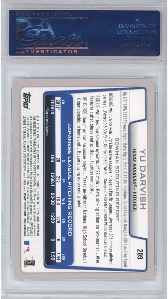 Graded 2012 Bowman Yu Darvish #209 Rookie RC Baseball Card PSA 10 Gem Mint