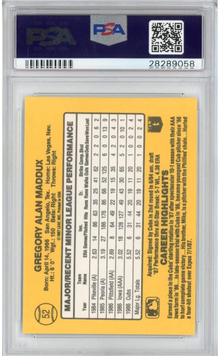 Graded 1987 Donruss Greg Maddux #52 Rookie RC Baseball Card PSA 10 Gem Mint