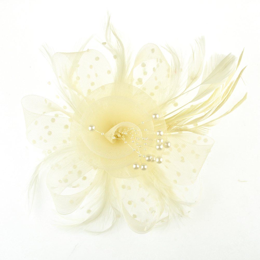 DRESHOW Fascinators Hat Flower Mesh Ribbons Feathers on a Headband and a Clip Tea Party Headwear for Girls and Women