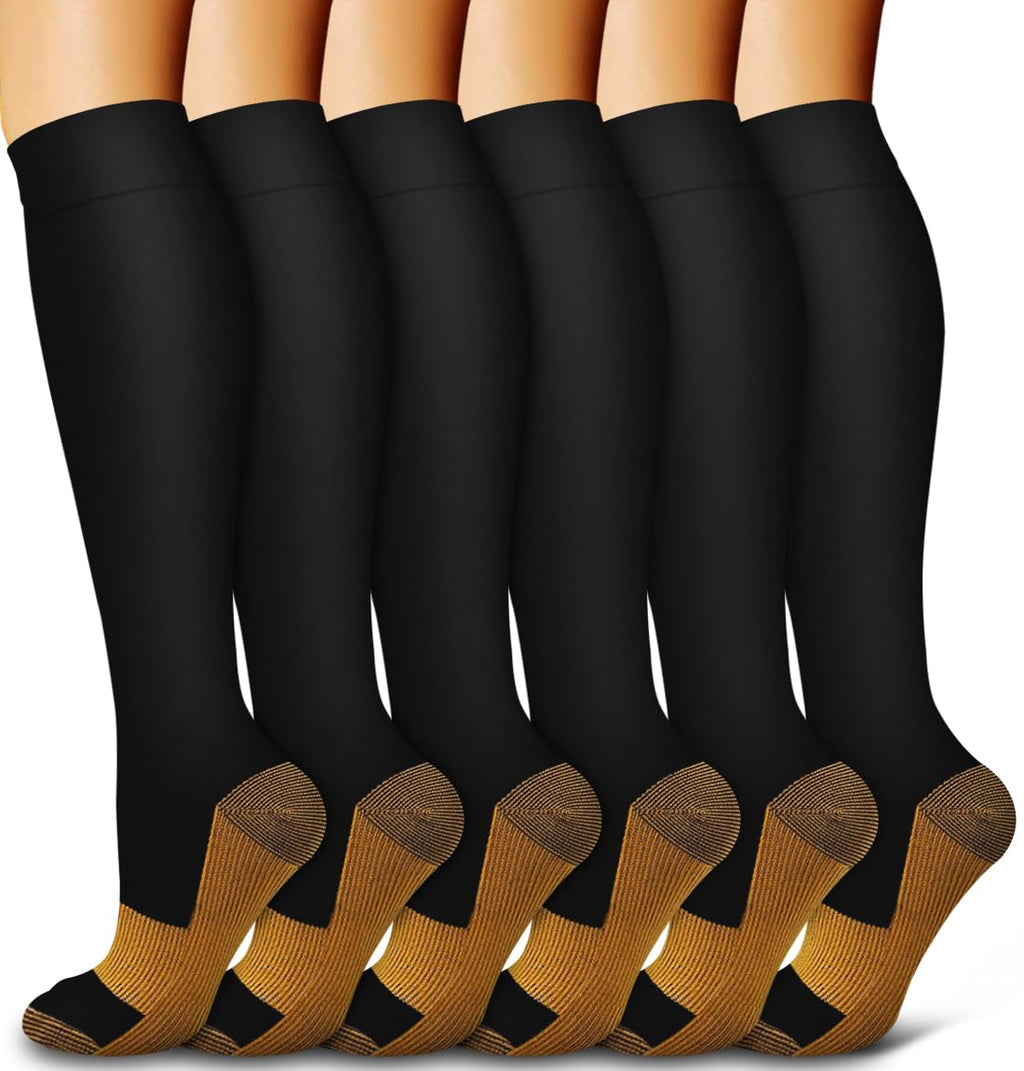 6 Pack Copper Compression Socks for Women and Men Circulation-Best Support for Medical,Running,Nursing,Athletic