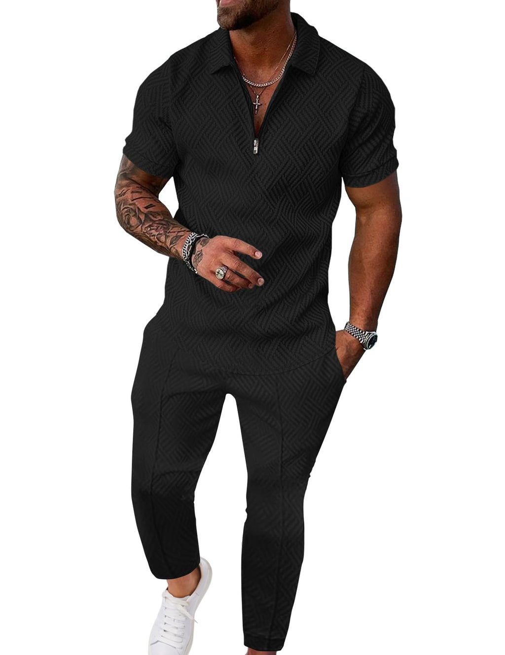 UOUA Mens Sweat Suits Set Tracksuit 2 Piece Outfits Short Sleeve Casual Sweatshirt & Loose Jogging Pants