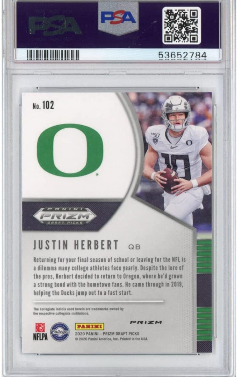 Graded 2020 Panini Prizm Draft Picks DP Justin Herbert #102 Silver Prizm Rookie RC Football Card PSA 10 Gem Mint
