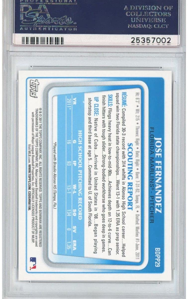 Graded 2011 Bowman Draft Picks & Prospects Jose Fernandez #BDPP29 Black Rookie RC Baseball Card PSA 10 Gem Mint