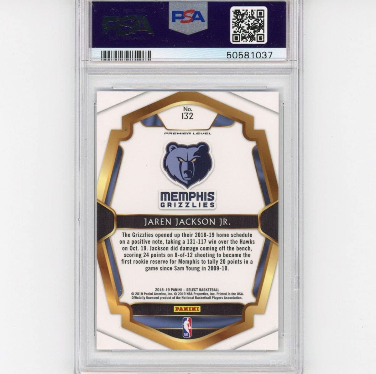 Graded 2018-19 Panini Select Premier Level Jaren Jackson Jr. #132 Rookie RC Basketball Card PSA 10 Gem Mint