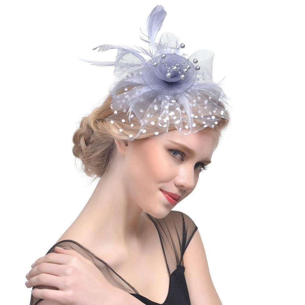 DRESHOW Fascinators Hat Flower Mesh Ribbons Feathers on a Headband and a Clip Tea Party Headwear for Girls and Women