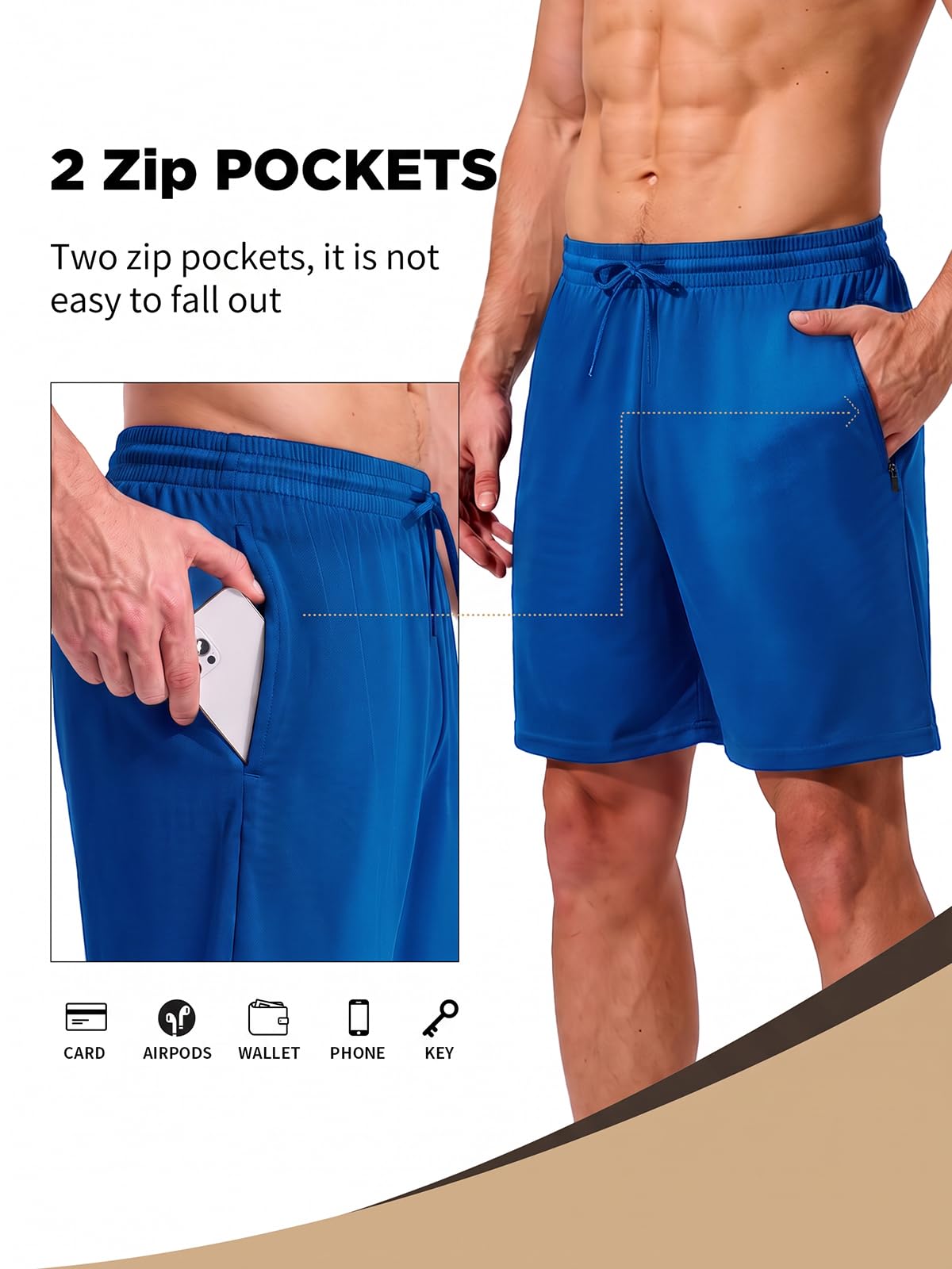 Cimic 5 Pack Mens Athletic Shorts Quick Dry Gym Running Workout Basketball Shorts for Men with Zippered Pockets D3010 Blue 2XL