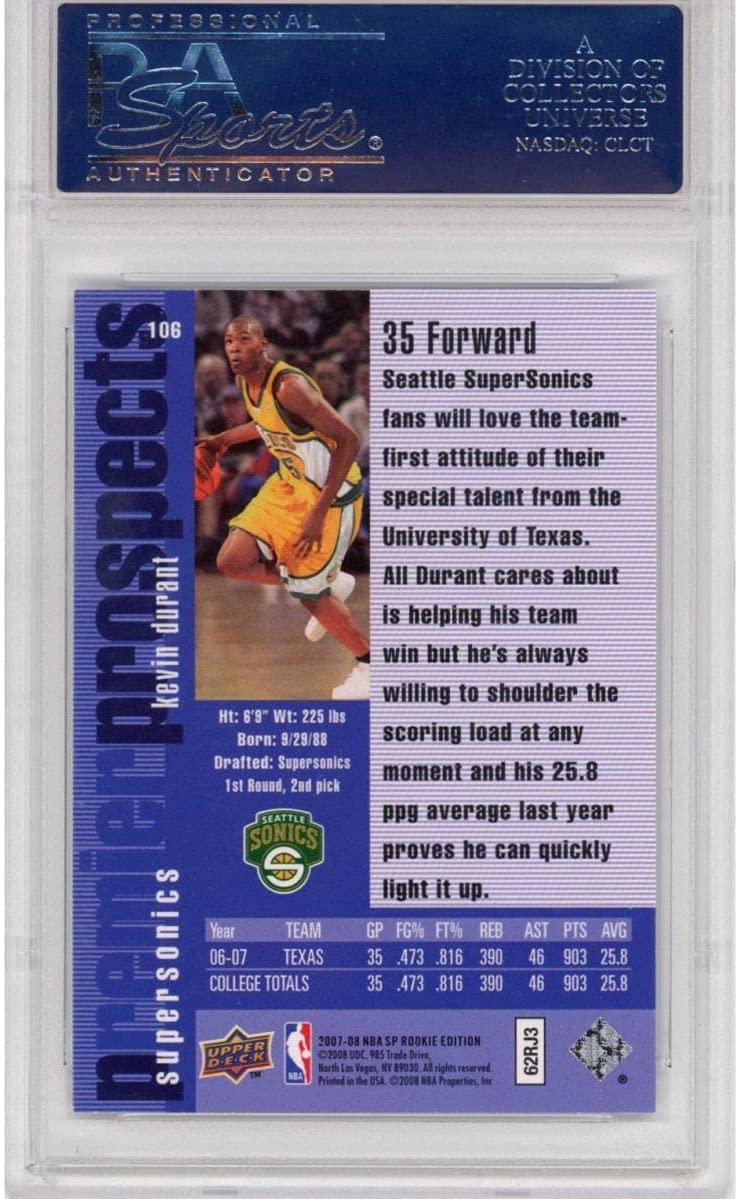 Graded 2007-08 Upper Deck SP Edition Kevin Durant #106 Rookie RC 1996 Design Basketball Card PSA 10 Gem Mint