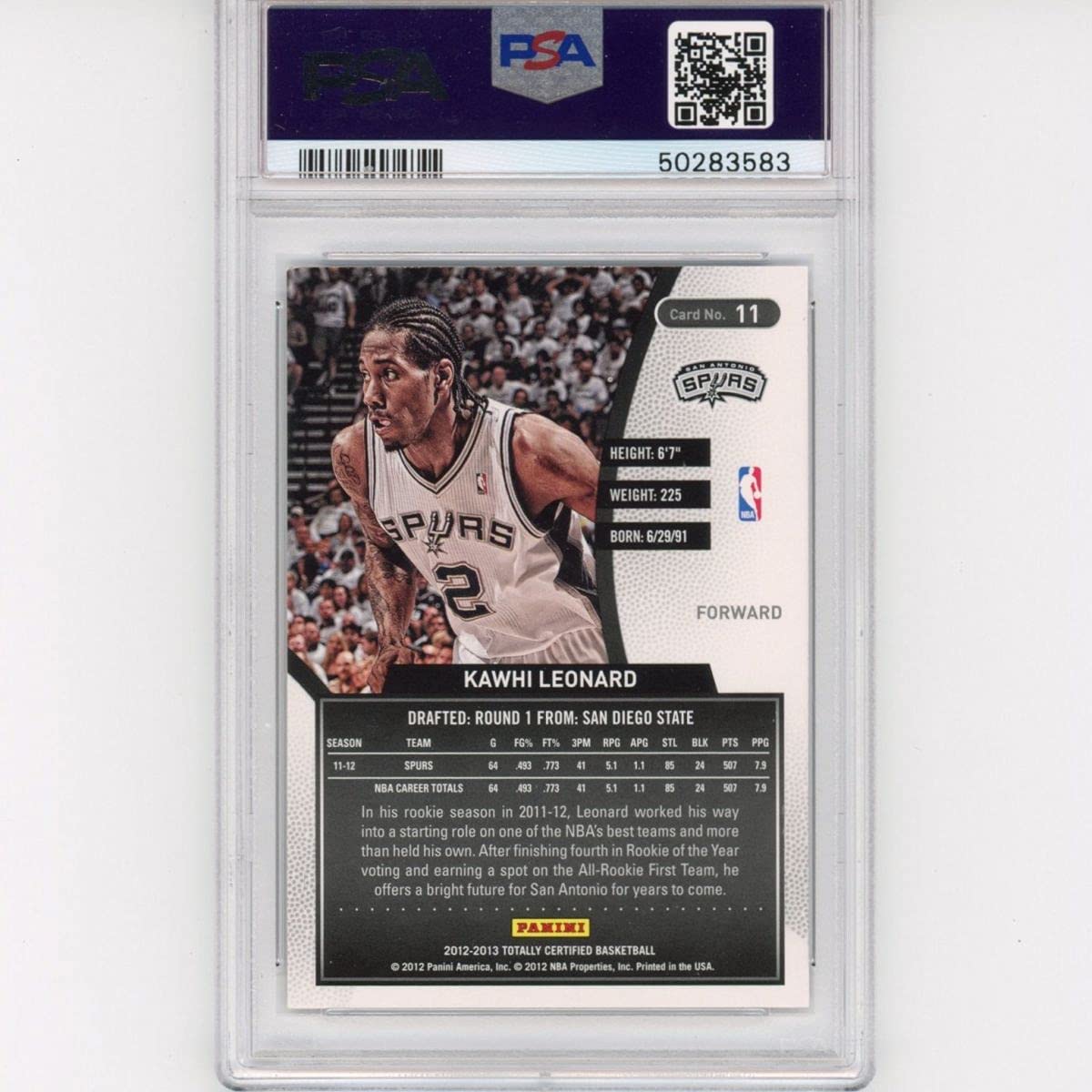 Graded 2012-13 Panini Totally Certified Kawhi Leonard #11 Rookie RC Basketball Card PSA 10 Gem Mint