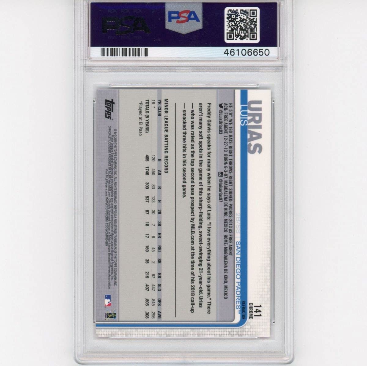 Graded 2019 Topps Chrome Luis Urias #141 Pink Refractor Rookie RC Baseball Card PSA 10 Gem Mint