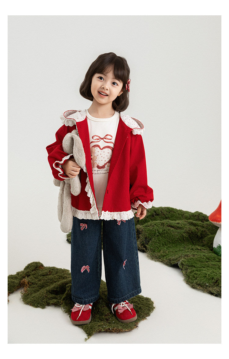 Bow-Embroidered Denim Wide-Leg Jeans For Girls
