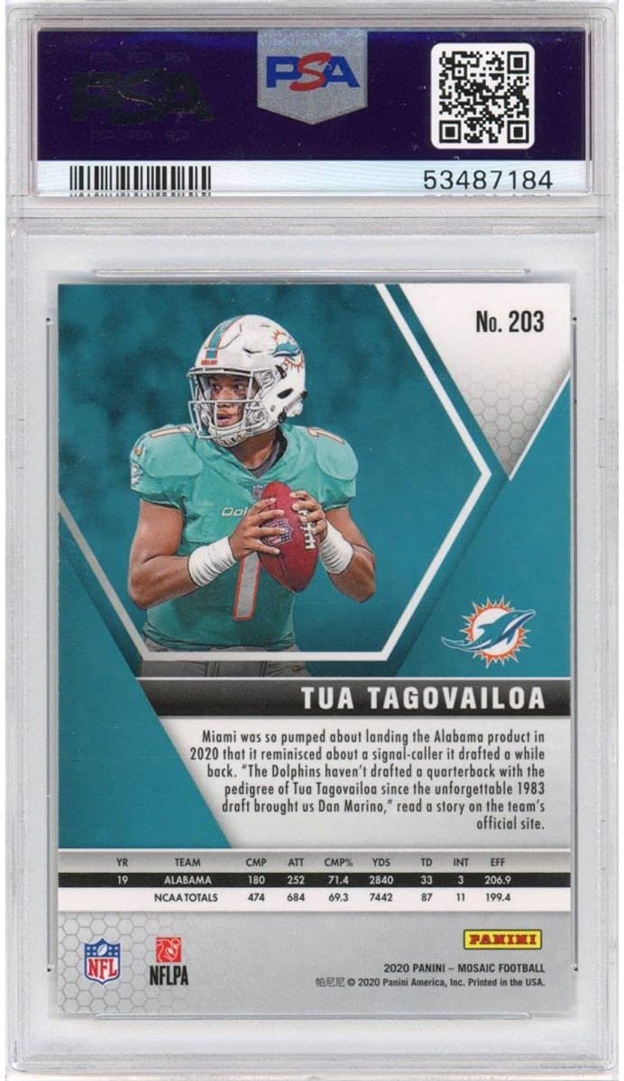 Graded 2020 Panini Mosaic Tua Tagovailoa #203 Rookie RC Football Card PSA 9 Mint