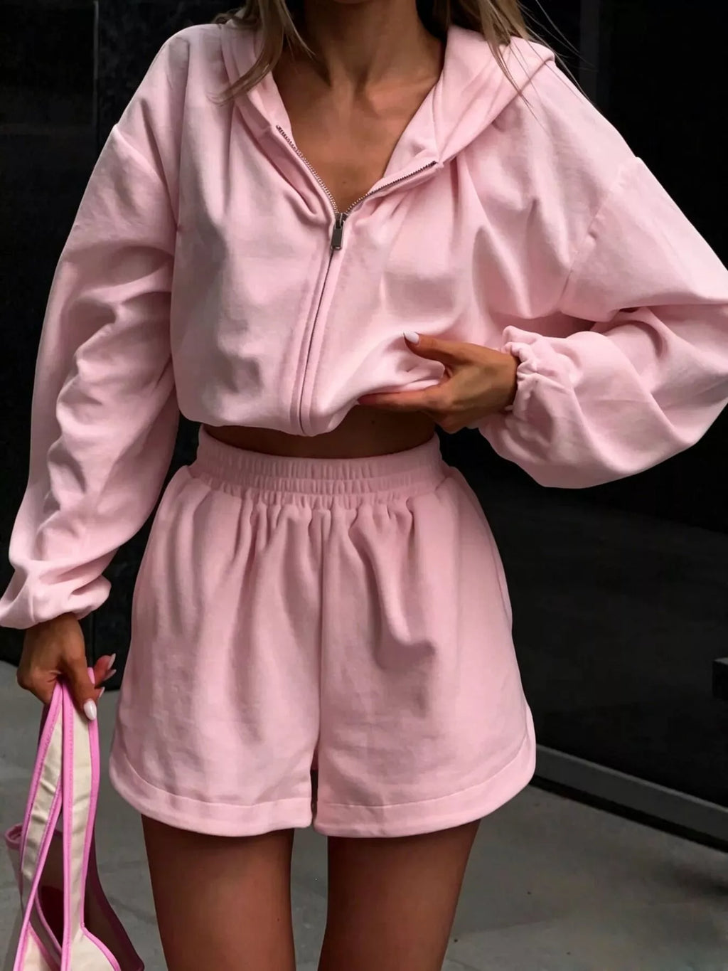Zip Up Crop Hoodie and Shorts Set