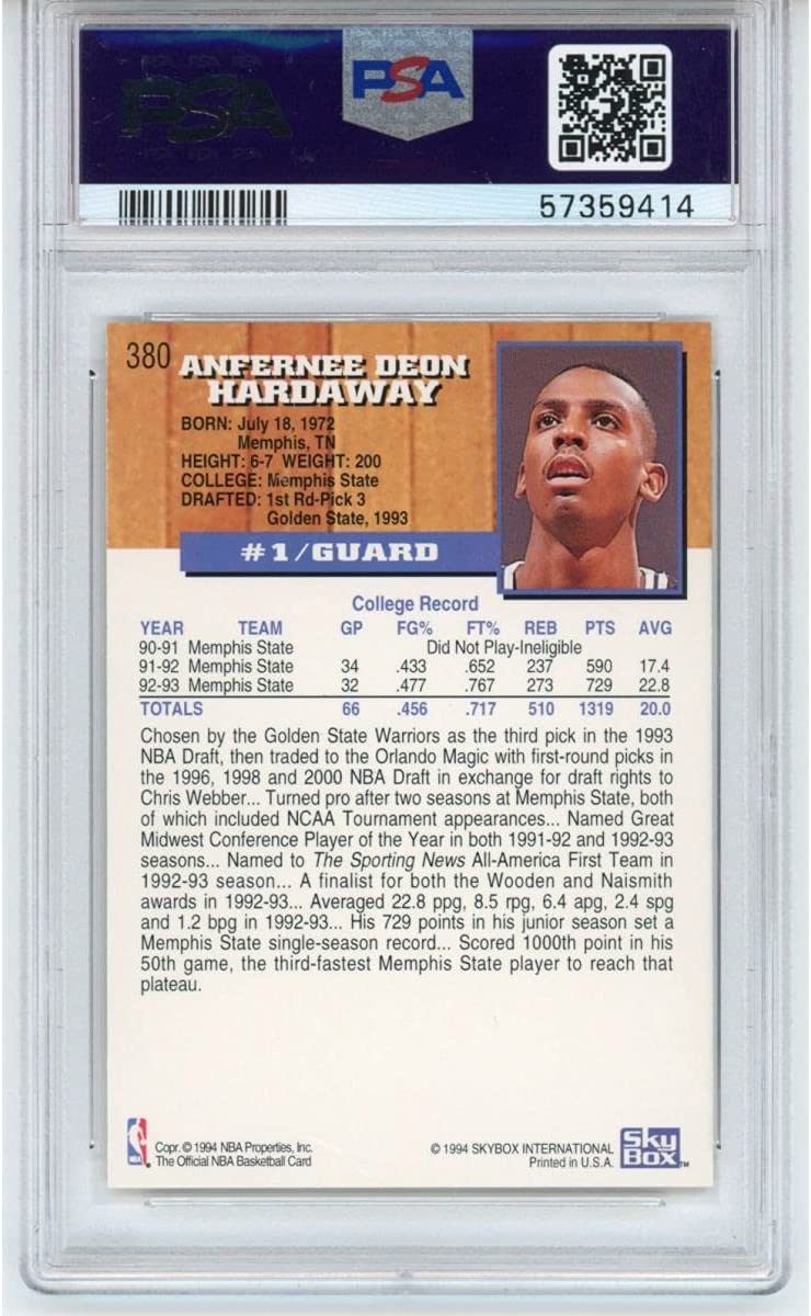 Graded 1993-94 Hoops Anfernee Penny Hardaway #380 Rookie RC Basketball Card PSA 10 Gem Mint
