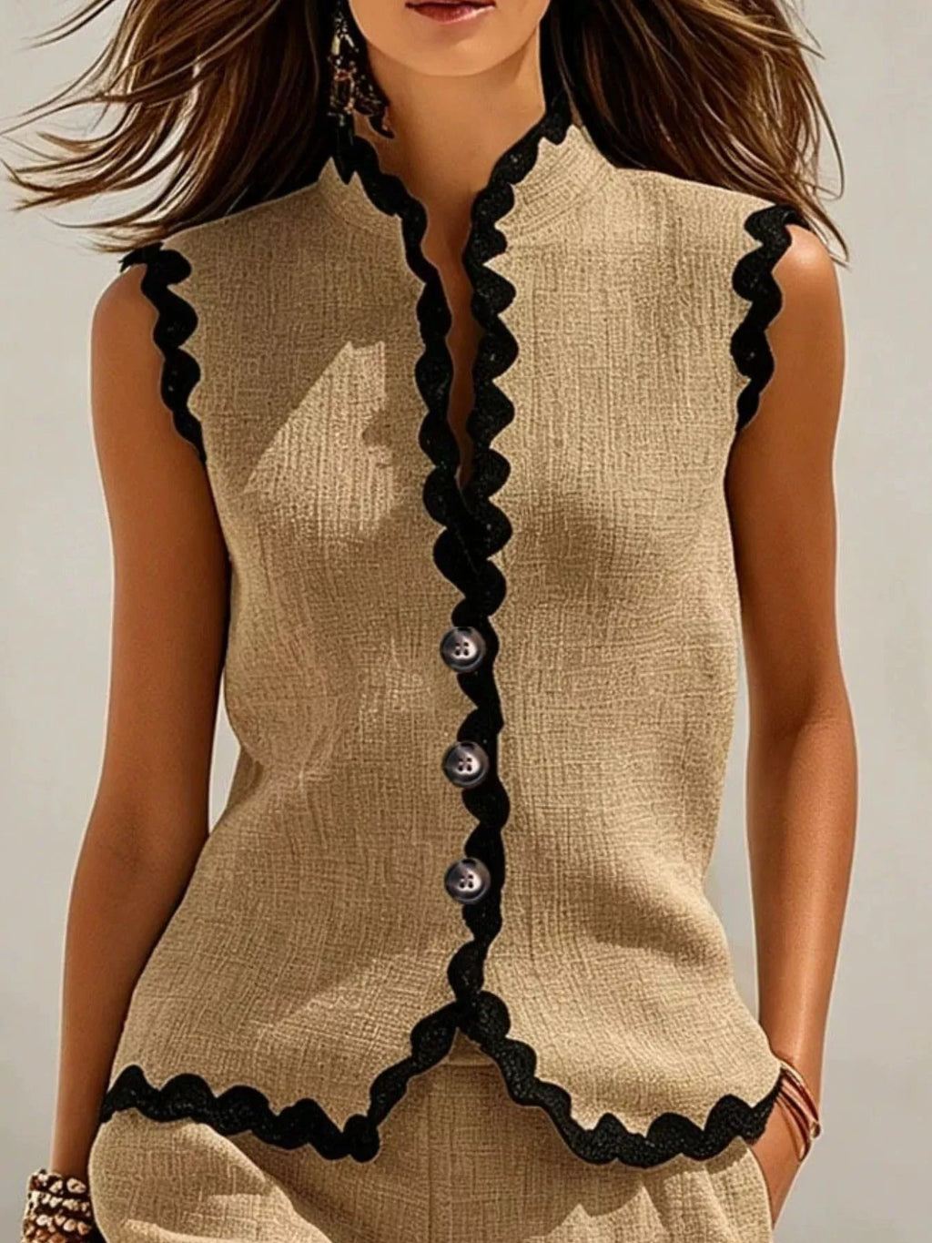Full Size Scalloped Trim Sleeveless Vest and Shorts Two-Piece Set Plus Size