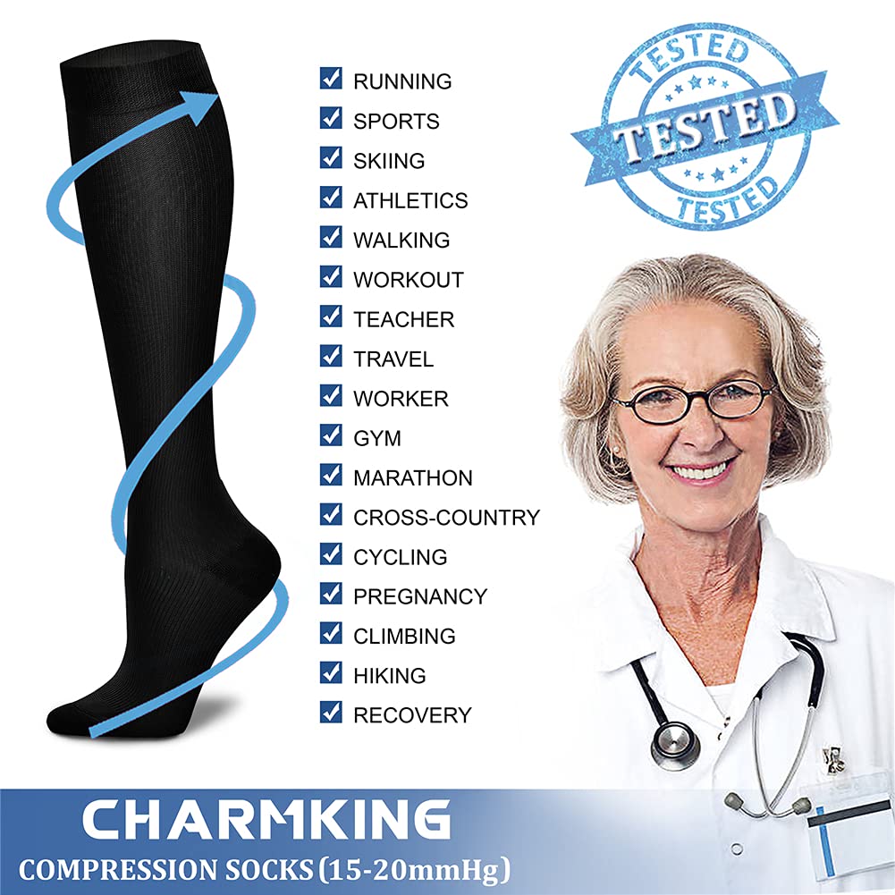 CHARMKING Compression Socks for Women & Men Circulation (8 Pairs) 15-20 mmHg is Best Support for Athletic Running,Cycling