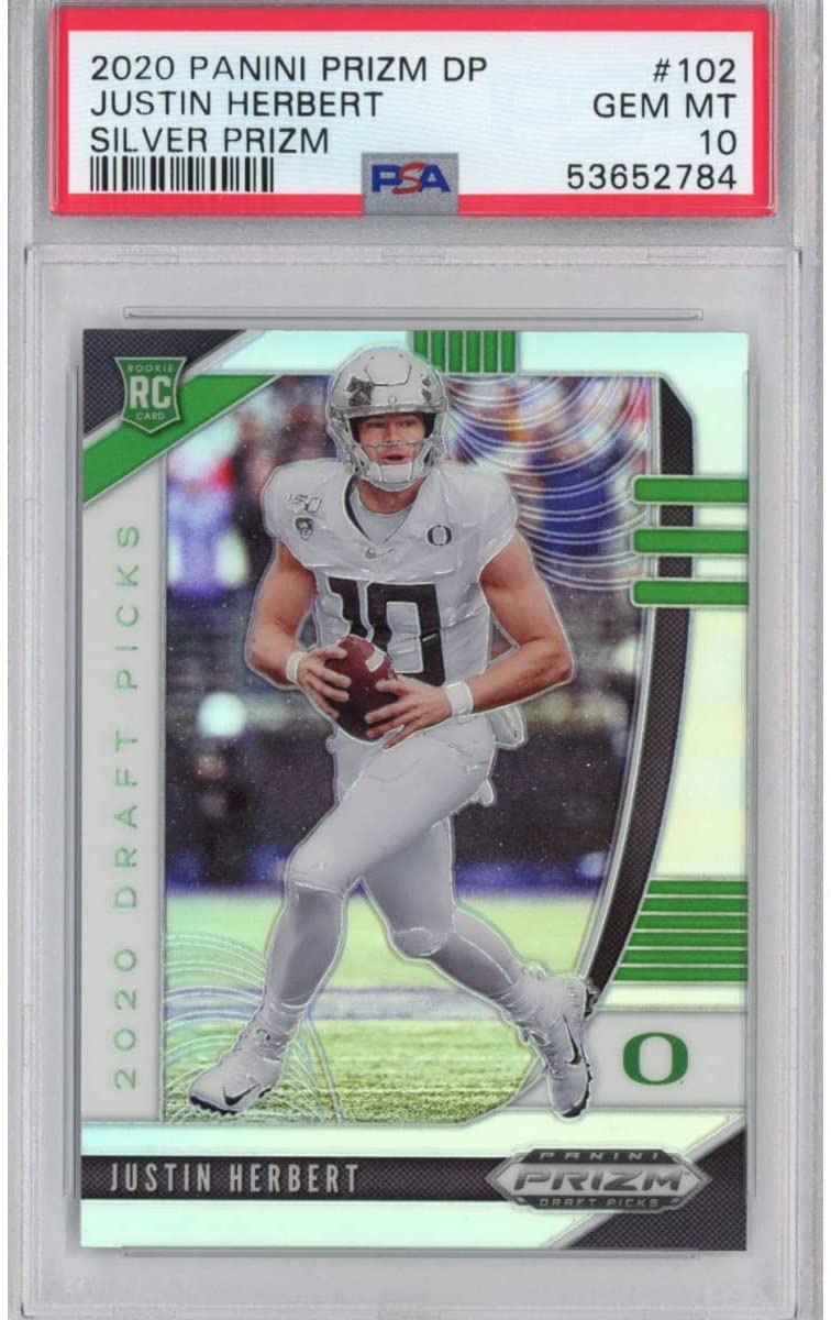 Graded 2020 Panini Prizm Draft Picks DP Justin Herbert #102 Silver Prizm Rookie RC Football Card PSA 10 Gem Mint