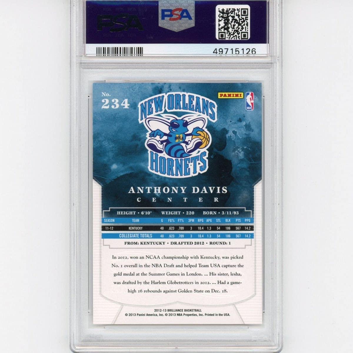 Graded 2012-13 Panini Brilliance Anthony Davis #234 Rookie RC Basketball Card PSA 10 Gem Mint