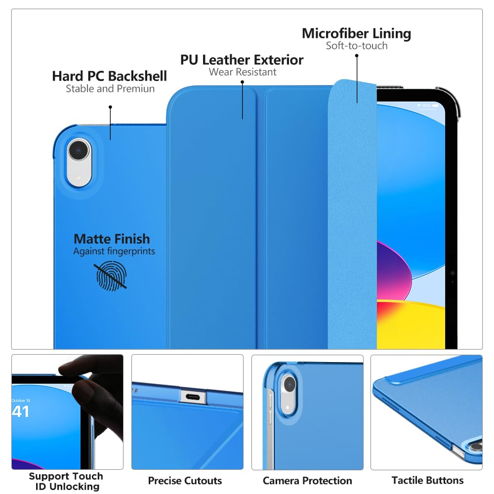 MoKo for iPad (A16) 11th Generation Case 11 Inch 2025, iPad 10th Generation Case 10.9 Inch 2022, Slim Stand Hard PC Translucent Back Shell Smart Cover, Support Touch ID, Auto Wake/Sleep, Navy Blue