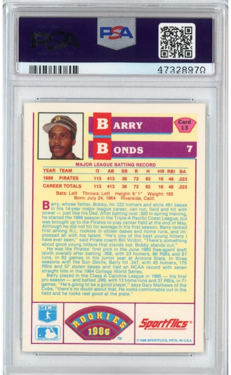 Graded 1986 Sportflics Barry Bonds #40 Rookie RC Baseball Card PSA 10 Gem Mint