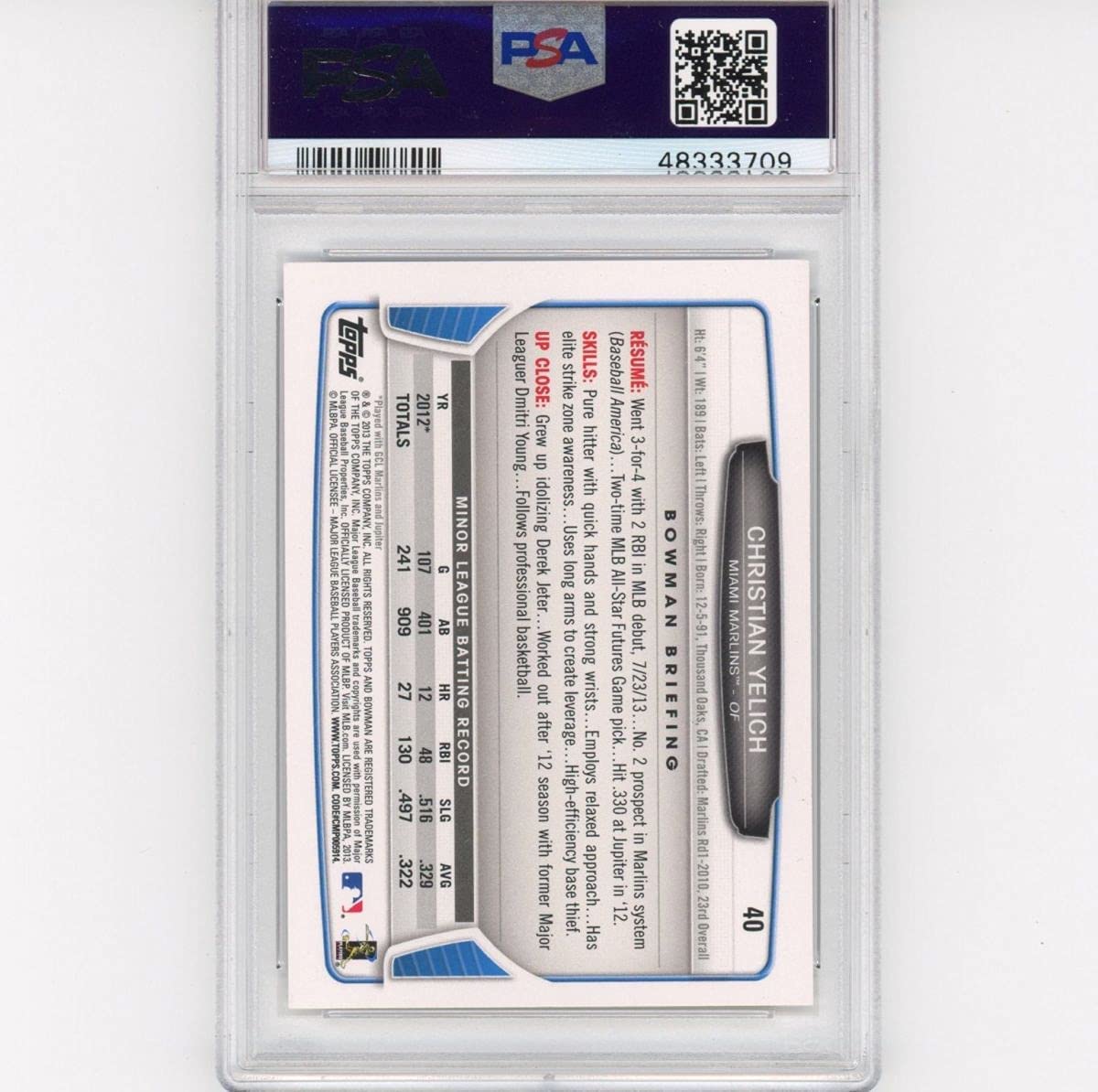 Graded 2013 Bowman Draft Picks & Prospects Christian Yelich #40 Rookie RC Baseball Card PSA 10 Gem Mint