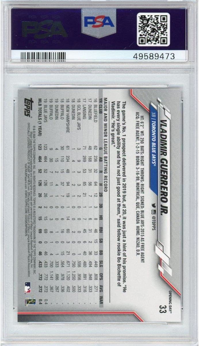 Graded 2020 Topps Opening Day Vladimir Vlad Guerrero Jr. #33 Rookie RC Baseball Card PSA 10 Gem Mint