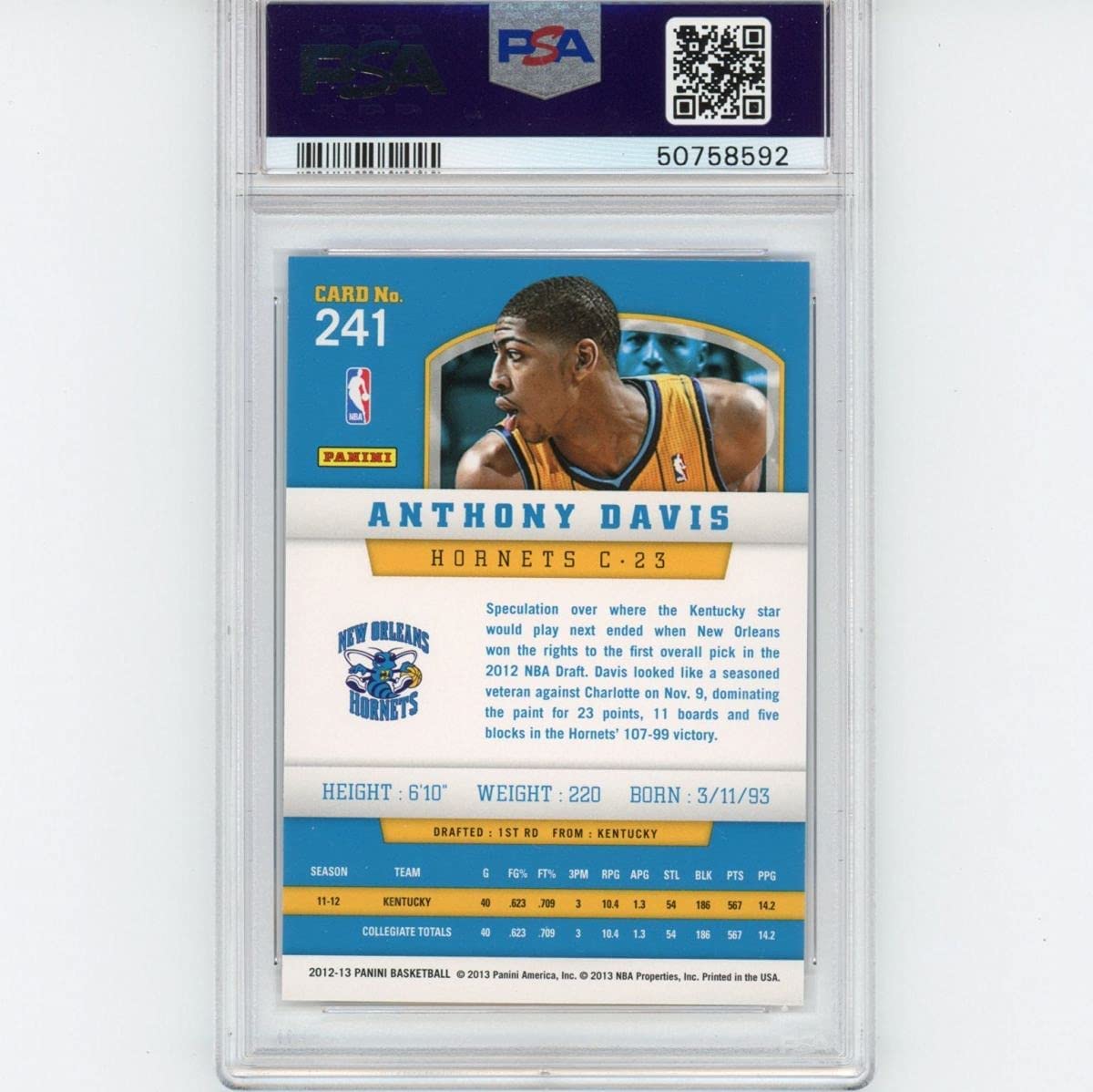 Graded 2012-13 Panini Anthony Davis #241 Rookie RC Basketball Card PSA 10 Gem Mint