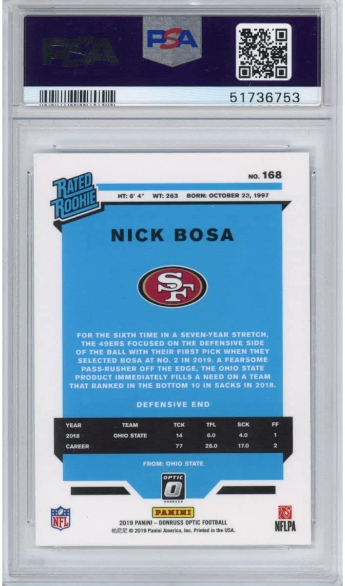 Graded 2019 Panini Donruss Optic Nick Bosa #168 Rookie RC Football Card PSA 10 Gem Mint