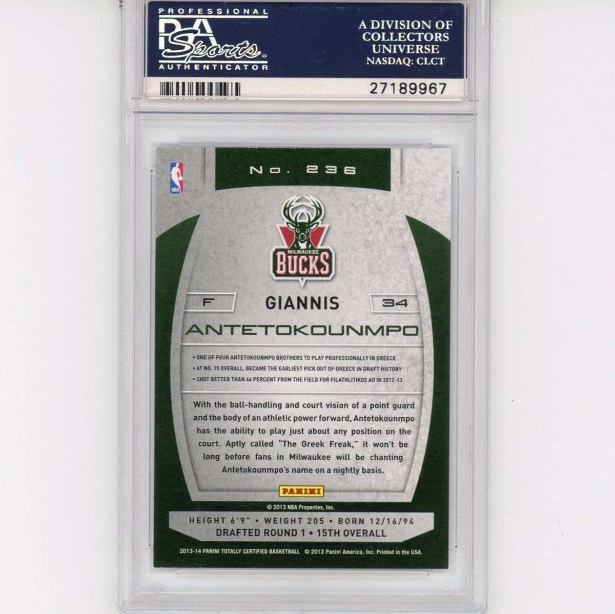 Graded 2013-14 Panini Totally Certified Giannis Antetokounmpo #236 Rookie RC Basketball Card PSA 10 Gem Mint