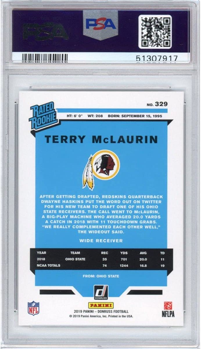 Graded 2019 Panini Donruss Terry McLaurin #329 Rookie RC Football Card PSA 10 Gem Mint